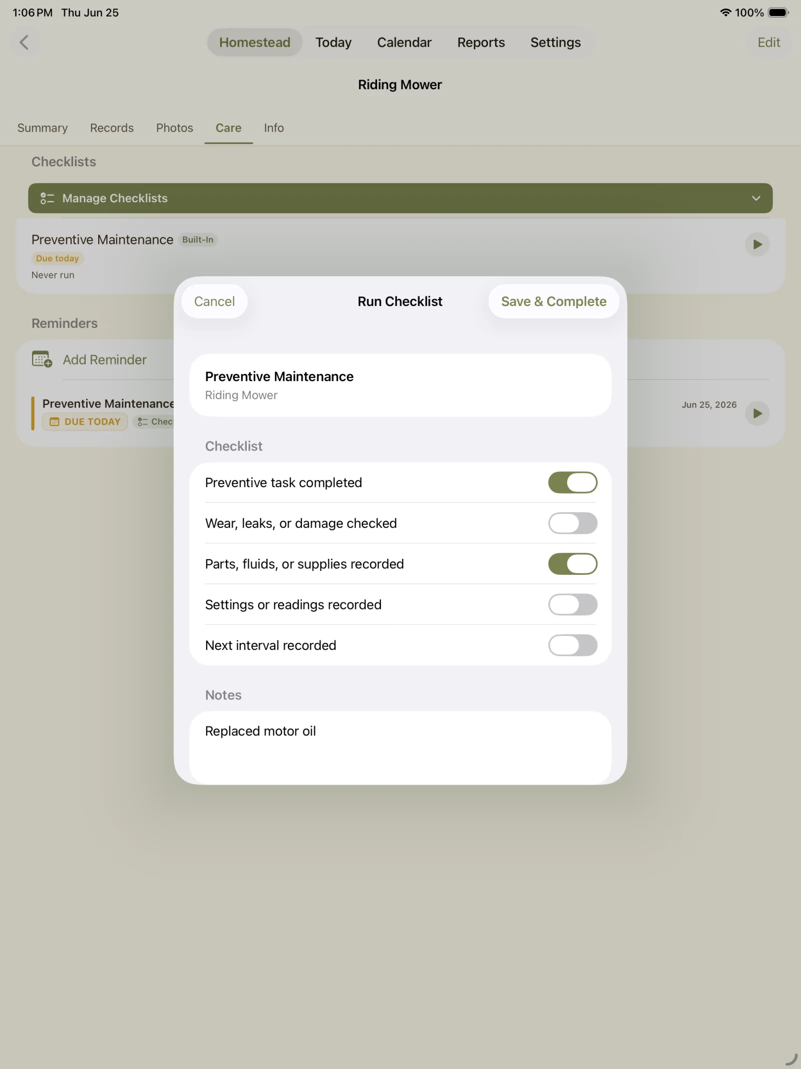 Checklist completion sheet with multiple maintenance tasks and toggle controls.
